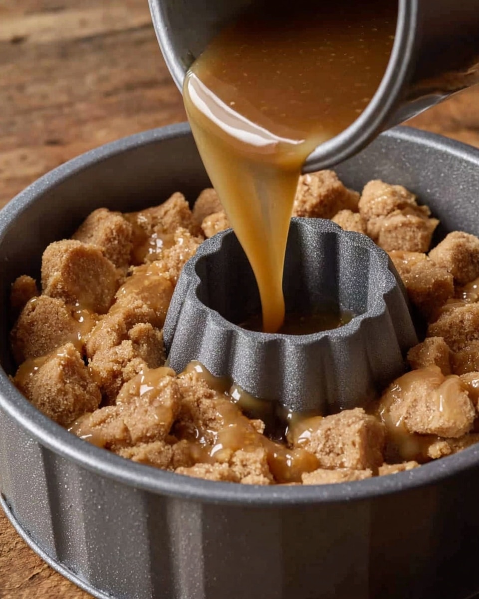 A gray bundt pan with a textured surface is filled with small chunks of light brown dough forming the base layer, and a medium brown, smooth syrup is being poured over it from a bowl at the top right corner, slowly covering the dough pieces. The pan sits on a wooden surface, and the syrup has a glossy, liquid texture that contrasts with the dough's rough, crumbly look. photo taken with an iphone --ar 4:5 --v 7