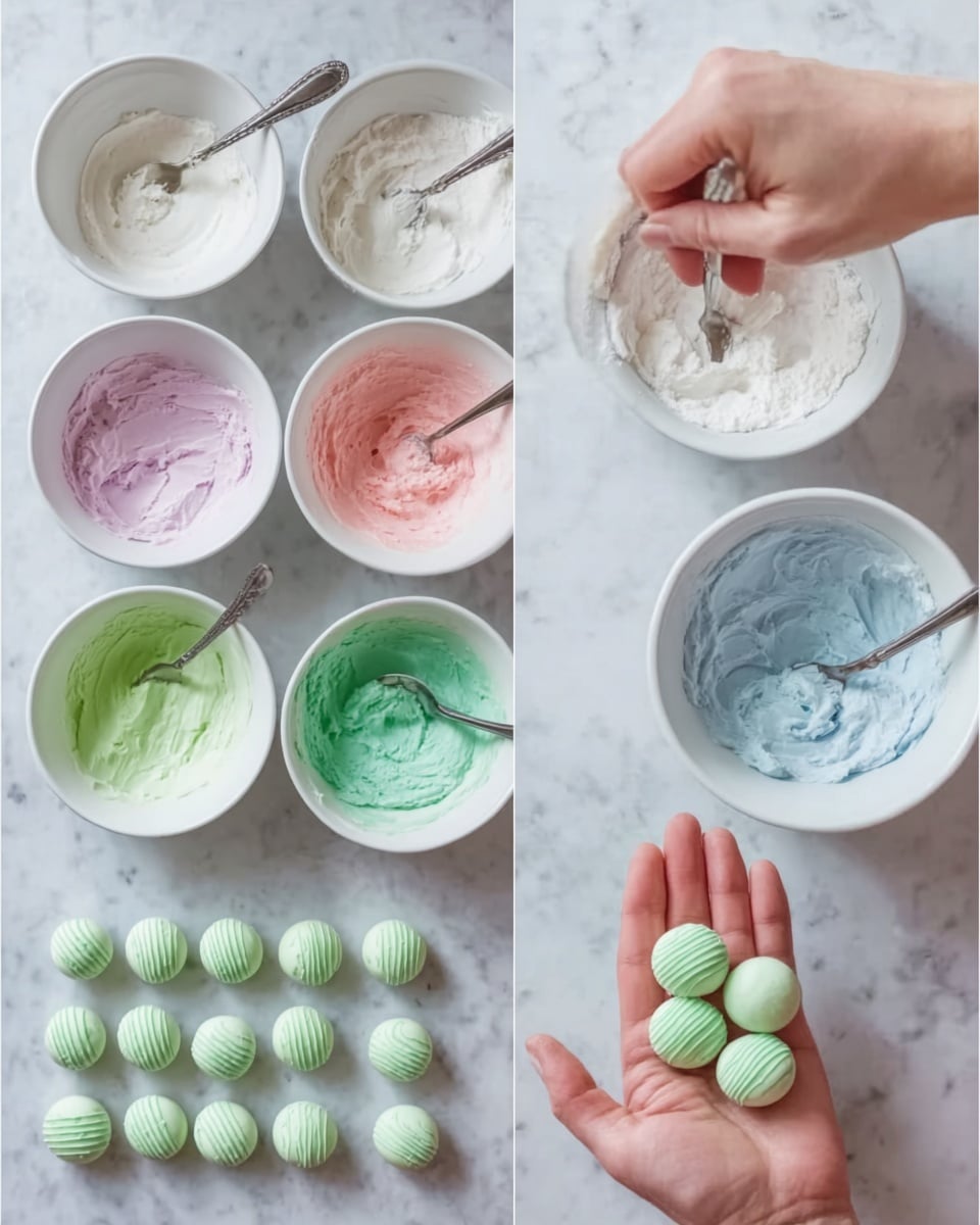 The image shows six steps of making colorful small balls. In the first step, two white bowls on a white marbled surface hold white soft paste with a spoon in each bowl. In the second, a white bowl with white paste has a woman's hand stirring it with a spoon. The third part shows a white bowl with light pink paste and a spoon inside. Next, there are two bowls: a white one with green paste and a white one with blue paste, each with a spoon. The fifth step shows a woman's hand holding light green small round balls with clear lines made by a fork. The last step displays cute small light green balls with lines, placed neat on the white marbled surface. Photo taken with an iphone --ar 4:5 --v 7