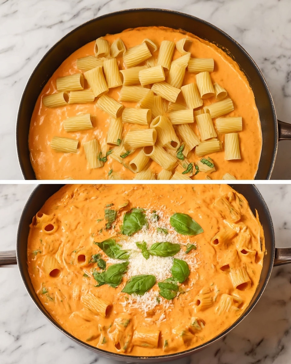 The first image shows a black pan filled with an even layer of smooth, creamy orange sauce spread across the bottom. On top of the sauce, there is a scattered layer of uncooked tube-shaped pasta with a pale yellow color. The second image shows the same black pan where the pasta is now covered and mixed with the orange sauce, making the entire surface a thick, creamy orange layer with visible pasta tubes arranged in a circular pattern. Fresh green basil leaves are spread on top and a small sprinkling of white cheese is in the center. The pan rests on a white marbled surface. photo taken with an iphone --ar 4:5 --v 7