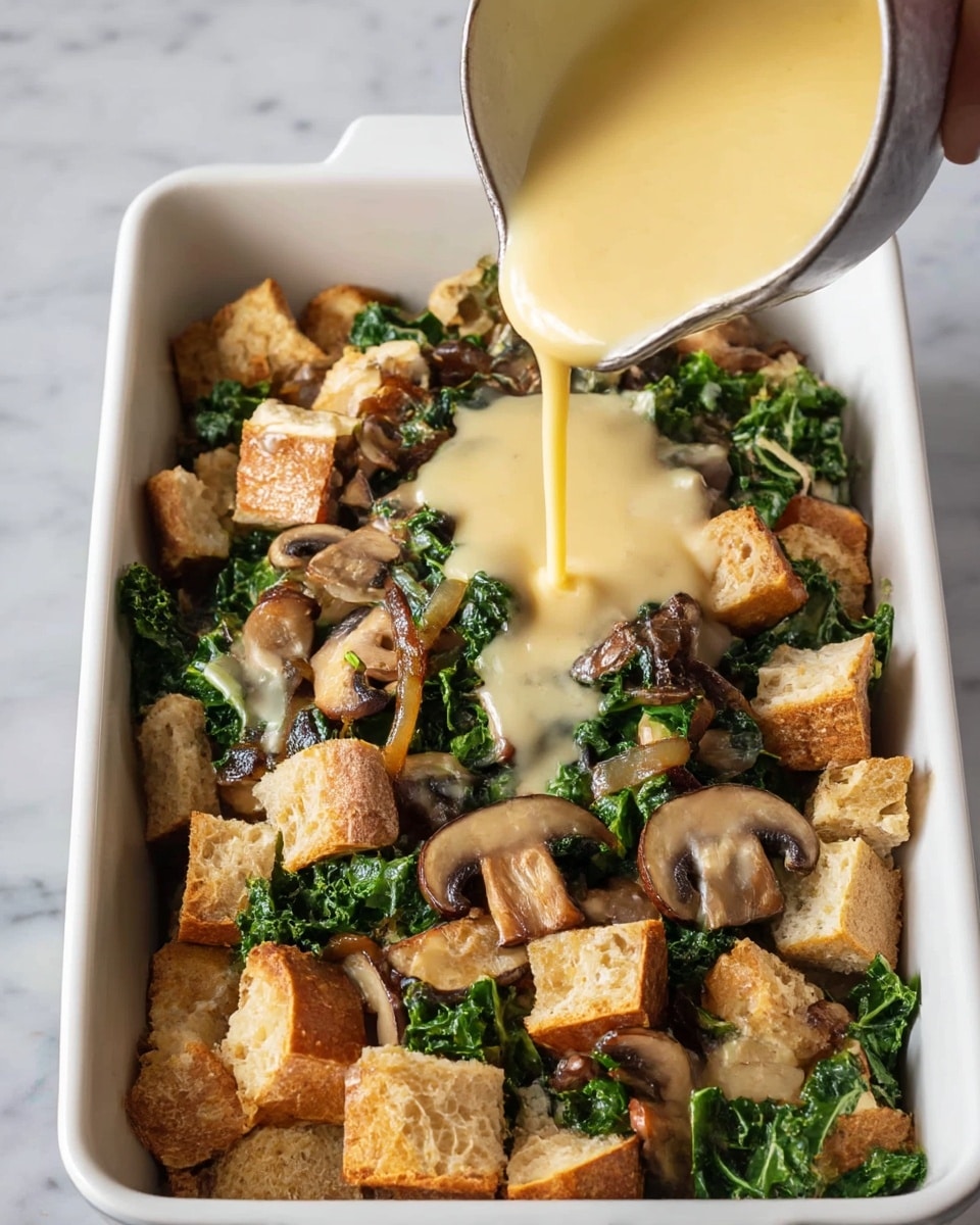 A white rectangular baking dish filled with layers of chunky light brown bread pieces, dark green kale leaves, sautéed brown mushrooms, and caramelized onions. A creamy yellow sauce is being poured over the middle, creating a soft, glossy layer that blends with the vegetables and bread. The dish sits on a white marbled surface. Photo taken with an iphone --ar 4:5 --v 7