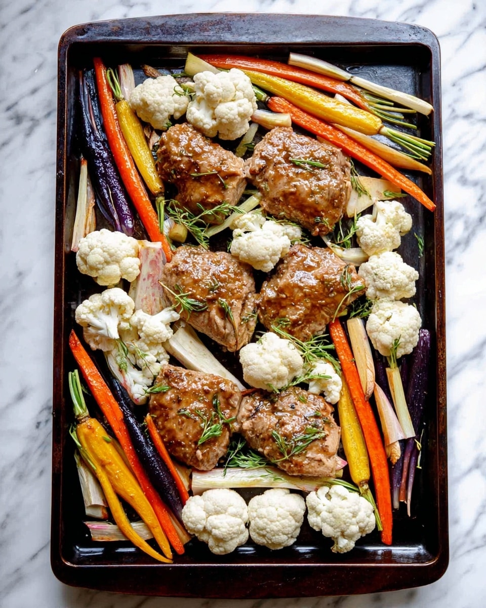 A dark baking tray is filled with five large pieces of light brown marinated meat placed in the middle, surrounded by fresh white cauliflower florets scattered all around the meat. Around the edges of the tray are long, thin carrots in shades of orange, purple, and yellow with some green tops still attached, and thin, pale pieces of parsnip mixed in. The tray sits on a white marbled surface. Photo taken with an iphone --ar 4:5 --v 7