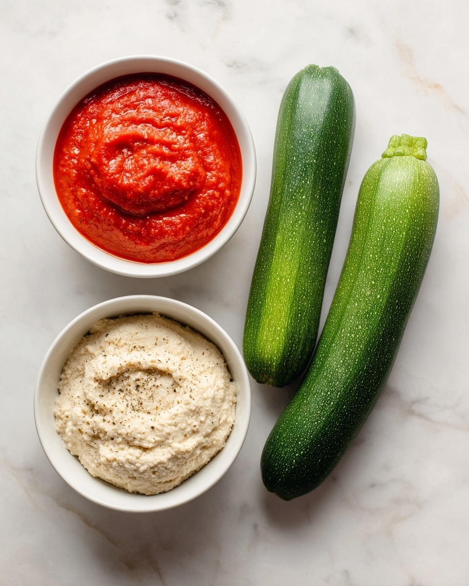 The image shows three fresh green zucchinis arranged diagonally on a white marbled surface. To the left, there is a white bowl filled with bright red marinara sauce, showing a slightly chunky texture. Below it, another white bowl contains creamy vegan ricotta, which is light beige with small specks of seasoning visible. The ingredients are spaced evenly with clear labels next to each item. photo taken with an iphone --ar 4:5 --v 7