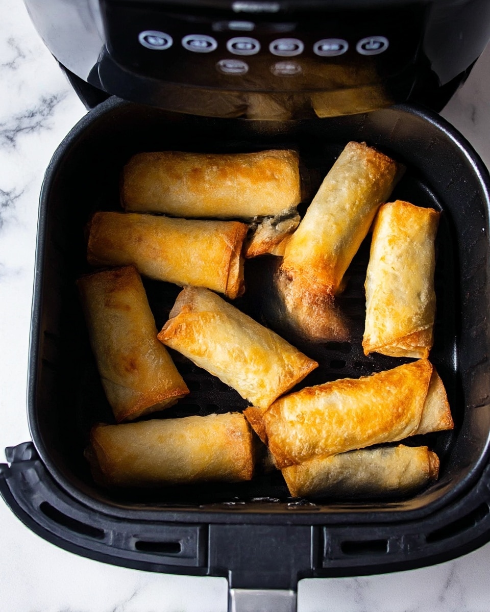 The image shows eight golden brown egg rolls inside a black air fryer basket. Each egg roll has a crispy texture with some parts slightly darker from cooking. The egg rolls are arranged in two rows with a slight overlap. The air fryer has a dark control panel with white icons visible at the top. The background surface is white with a marbled texture. Photo taken with an iphone --ar 4:5 --v 7