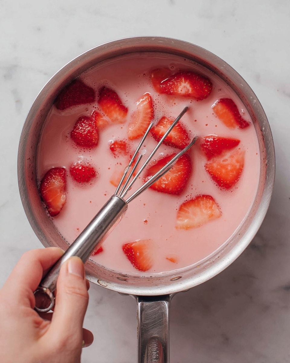 A silver pot holds a pink liquid with sliced red strawberries floating on top; a woman's hand is holding a metal masher inside the pot, pressing gently into the fruit and liquid. The texture of the liquid looks smooth and creamy with some small bubbles and bits of fruit visible. The background is a white marbled surface. photo taken with an iphone --ar 4:5 --v 7