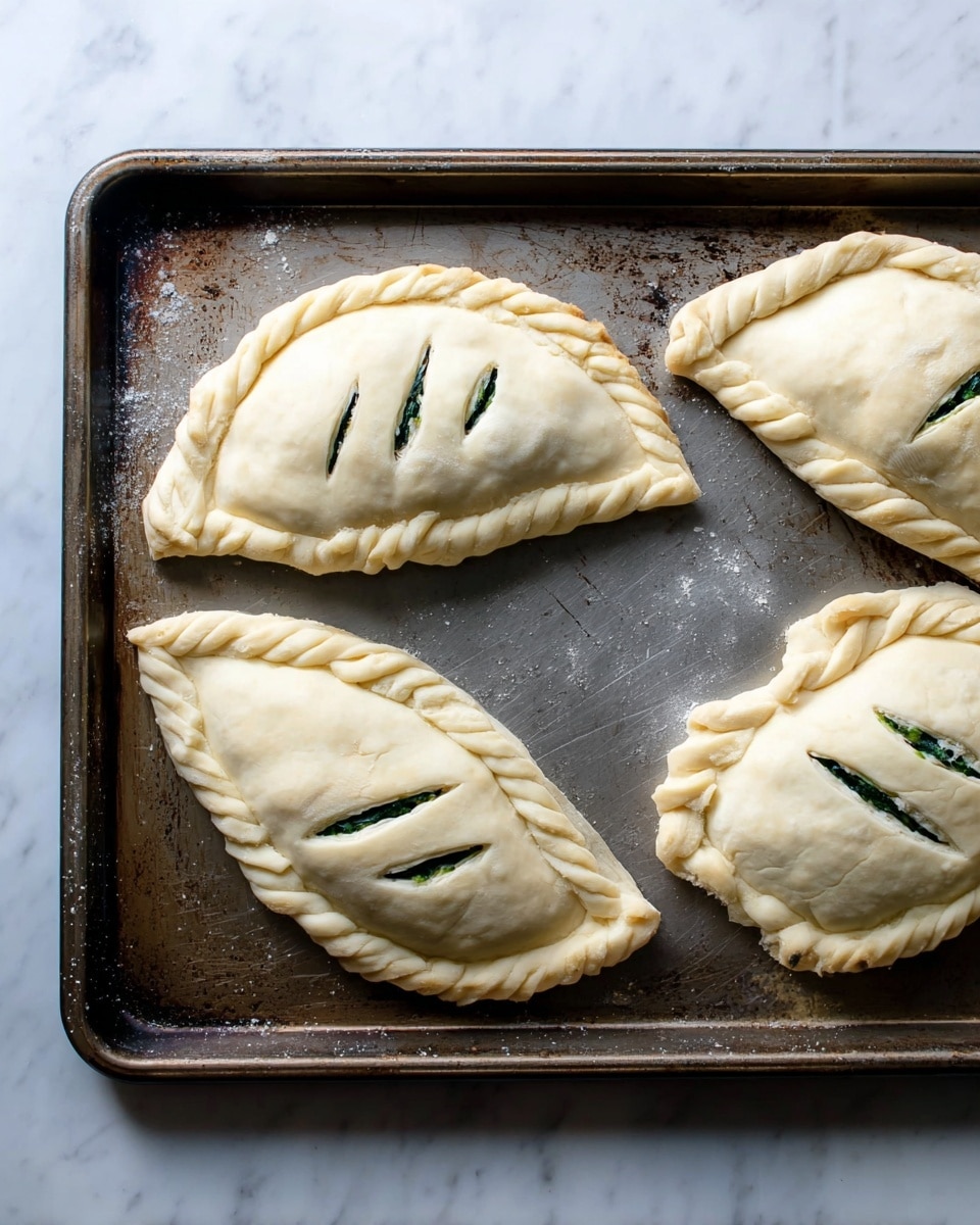 The image shows four uncooked calzones placed on a dark metal baking tray. Each calzone is folded into a half-moon shape with thick, braided edges that pinch the dough together. The surface dough is pale off-white and smooth with five slit vents on each calzone, revealing a dark green filling underneath. The tray is on a white marbled surface, which adds a clean contrast to the rustic look of the calzones. photo taken with an iphone --ar 4:5 --v 7