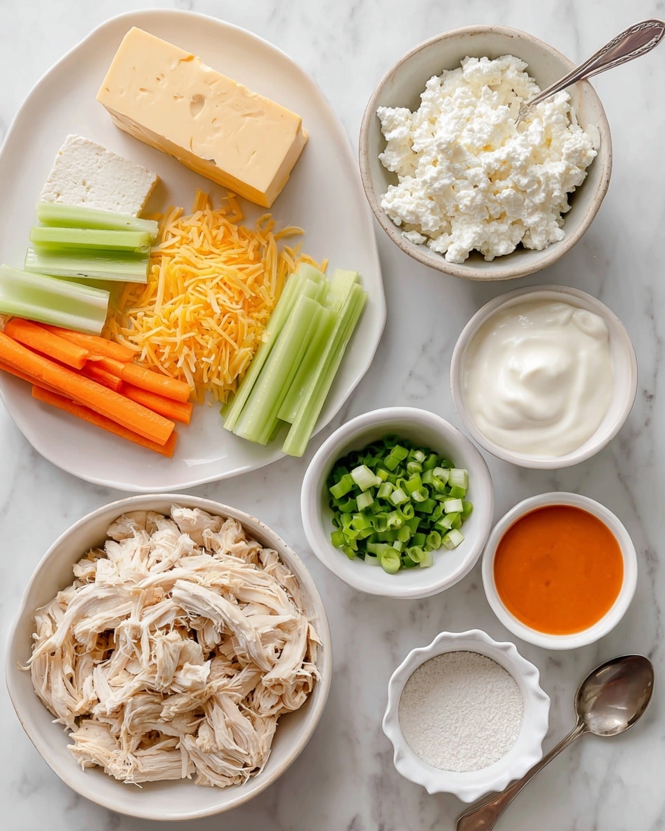 The image shows a top view of several white bowls and plates arranged on a white marbled surface. In the center right, there is a white bowl filled with shredded rotisserie chicken, the pieces light beige with fine texture. Above it, a white bowl holds creamy white cottage cheese with a lumpy texture. To the right, a white bowl contains smooth, thick Greek yogurt. Below the chicken bowl, a small white bowl has bright orange buffalo sauce with a glossy surface. To the left, a white plate features a block of sharp cheddar cheese along with a pile of shredded cheddar, both a rich orange color with a firm texture. Above that, a small white bowl holds bright green chopped green onions, finely diced. To the bottom right, a scalloped white bowl contains a white powdery ranch seasoning with a silver spoon inside. At the bottom left corner, a white bowl is filled with cut celery sticks and carrot sticks, green and orange in color respectively. photo taken with an iphone --ar 4:5 --v 7
