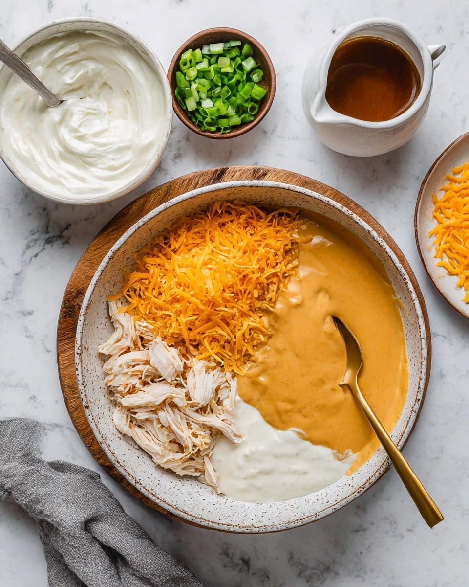 A speckled white bowl on a round wooden board holds four separate layers of ingredients: shredded white chicken pieces at the bottom left, a pile of shredded orange cheese on the left side, a smooth orange creamy sauce at the top right, and a thick white creamy layer at the bottom right. A gold spoon rests in the bowl on the orange sauce side. Surrounding the bowl on a white marbled surface are a white bowl with thick white cream and a spoon, a small white bowl filled with chopped green onions, a small brown bowl with a dark liquid, and a plate with shredded orange cheese. A gray cloth napkin is folded near the bottom right corner. Photo taken with an iphone --ar 4:5 --v 7