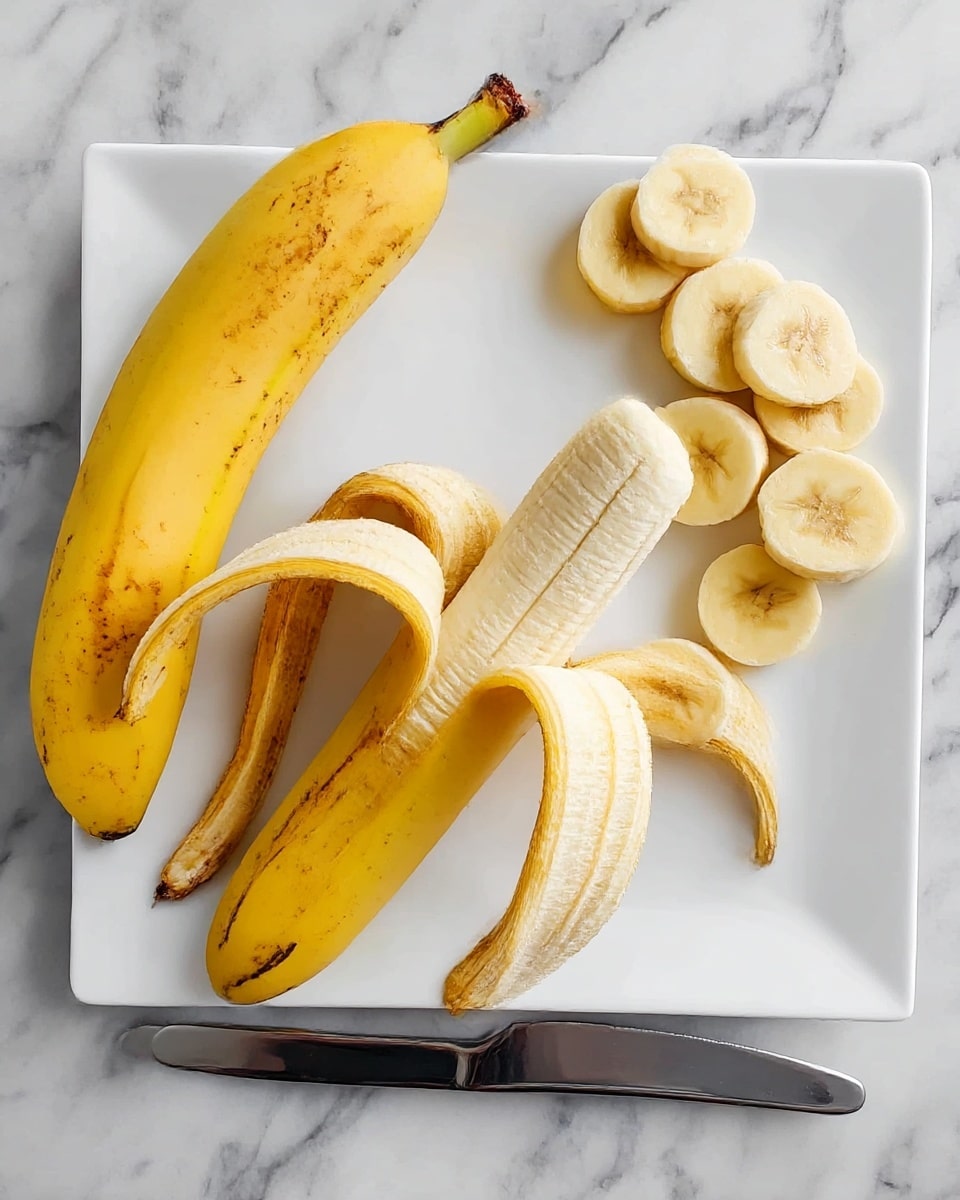 A white square plate on a white marbled surface holds one whole yellow banana with brown spots on the left, a partially peeled banana with three broad strips of peel curling around it in the center, revealing the pale yellow creamy fruit inside, and a row of nine round banana slices placed in a curved line at the top right. A silver butter knife rests horizontally below the banana slices on the plate photo taken with an iphone --ar 4:5 --v 7