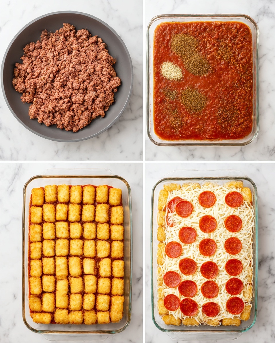 Pepperoni Pizza Tater Tot Casserole Recipe 5 The image shows a six-step process of making a tater tot casserole. The first step has raw ground meat in a gray pan on a white marbled surface. The second step shows cooked ground meat with added red sauce and five spices on top in the same pan. The third step shows the meat sauce spread evenly in a clear rectangular baking dish on a white marbled surface. The fourth step shows the dish layered with neatly arranged golden tater tots covering the entire surface. The fifth step adds a thick, even layer of shredded white cheese over the tater tots. The final step shows the same cheese layer topped with evenly spaced round slices of pepperoni. Photo taken with an iphone --ar 4:5 --v 7