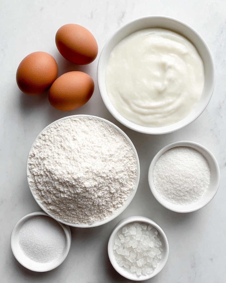 The image shows six baking ingredients neatly placed on a white marbled surface. There are two brown eggs positioned on the left side. Next to them, on the right, is a white bowl filled with a smooth, creamy white substance. Below the eggs is a larger white bowl heaped with fine white flour, with a textured surface. To the right of the flour bowl, there are three small white bowls filled with different granulated ingredients: at the top is coarse white sugar with visible crystals, below it is granulated white sugar, and at the bottom is coarse salt with chunky crystals. The items are arranged symmetrically with a clean and bright look. photo taken with an iphone --ar 4:5 --v 7