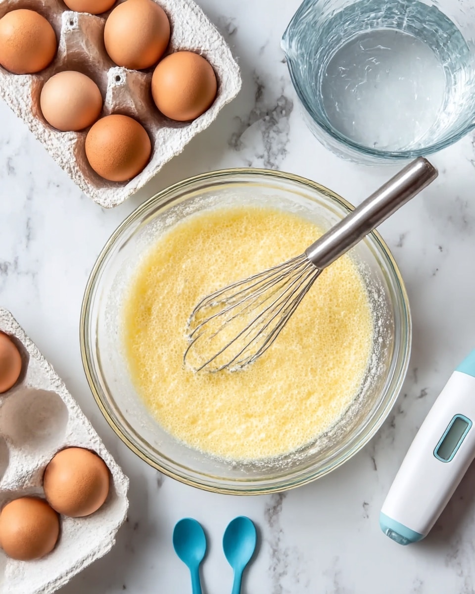 A clear glass bowl sits in the center filled with a pale yellow, grainy batter being stirred by a silver whisk. Surrounding the bowl are four brown eggs in an open egg carton on the top left and an empty white egg carton at the bottom left. To the top right, there is a clear glass measuring cup with some water inside, and just below it on the right side, a white handheld tool placed on a white marbled surface. Two small blue measuring spoons lie near the bottom center. The background is a white marbled texture photo taken with an iphone --ar 4:5 --v 7