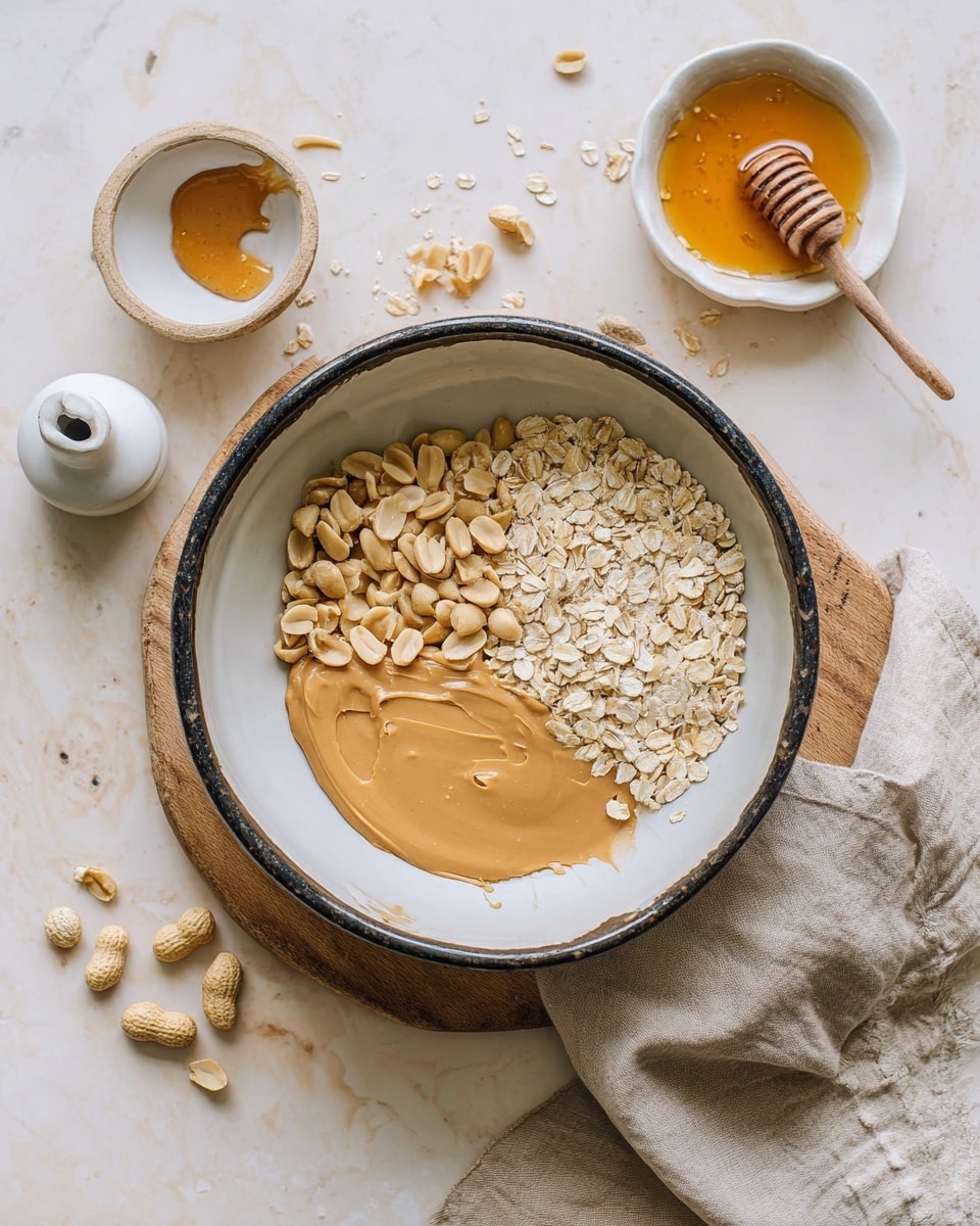 A white bowl with a dark rim contains three distinct layers of ingredients: on the left, light tan peanuts; on the right, a smooth, creamy peanut butter spread; and at the top, beige rolled oats. The bowl sits on a small wooden board placed over a white marbled surface. Around the bowl, there are two smaller white bowls; one with some honey and a honey dipper inside, and the other with a smear of peanut butter. A white salt shaker is nearby, and scattered peanut shells are visible on the marbled surface. A soft beige cloth is partially under the board. The photo taken with an iphone --ar 4:5 --v 7