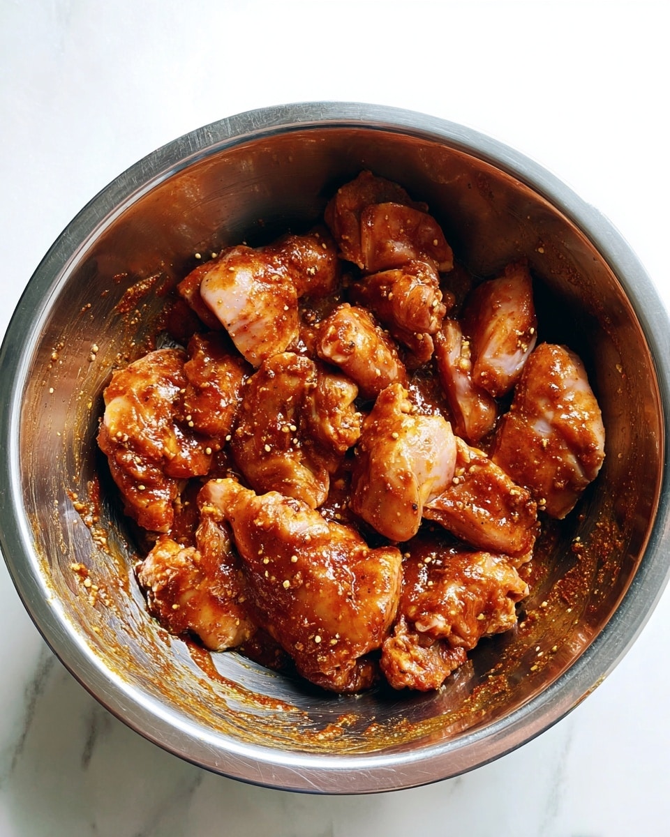 A shiny silver metal bowl holds a mix of raw chicken pieces coated in a thick, reddish-brown marinade with visible spices. The chicken pieces are wet and glossy, arranged close together filling the bowl. The bowl rests on a white marbled surface. photo taken with an iphone --ar 4:5 --v 7