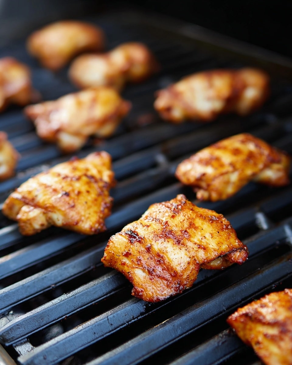 The image shows several pieces of golden-brown grilled chicken with a lightly crispy texture, placed directly on the black grill grates. The chicken pieces are spaced out, with some in the front in sharp focus and others blurred in the background. The chicken has a warm, slightly shiny surface with hints of seasoning visible. The grill grates have a matte black color and the background is softly blurred to highlight the grilled chicken pieces. Photo taken with an iphone --ar 4:5 --v 7