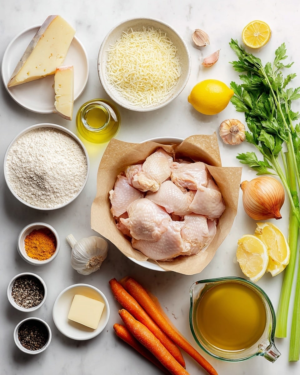 This image shows raw chicken pieces placed in a white bowl lined with brown paper at the center, surrounded by various ingredients arranged neatly on a white marbled surface. To the top left, there is a white bowl with a wedge of hard cheese and grated cheese piled beside it, and a small bottle of yellow cooking oil next to a small white plate with a square of butter. Below, whole garlic cloves and a brown onion are placed beside a small white bowl of flour. To the top right, fresh green herbs, a whole lemon, and a small white plate with lemon zest and lemon halves are arranged. A small container with orange powder is placed near two whole carrots and three celery sticks on the bottom right side. A large glass measuring cup with broth is at the bottom left, with small containers of black pepper and salt nearby. photo taken with an iphone --ar 4:5 --v 7