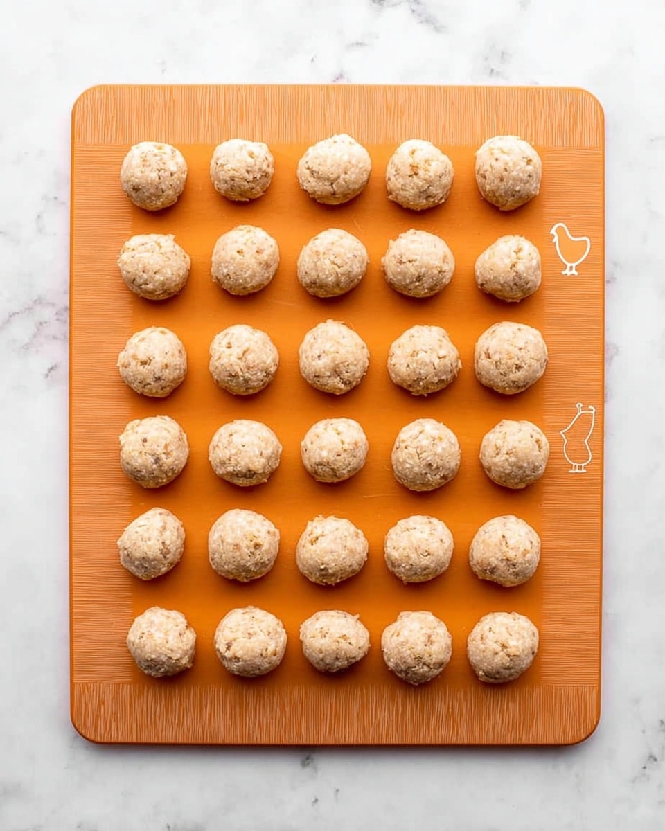 The image shows 25 small, round dough balls arranged neatly in five rows and five columns on an orange cutting board. Each dough ball is light beige with a rough texture and some visible small bits inside. The orange cutting board sits on a white marbled surface with subtle gray veins. A simple white chicken drawing is in the top right corner of the cutting board. The scene is bright and evenly lit, with a clean and organized look. photo taken with an iphone --ar 4:5 --v 7