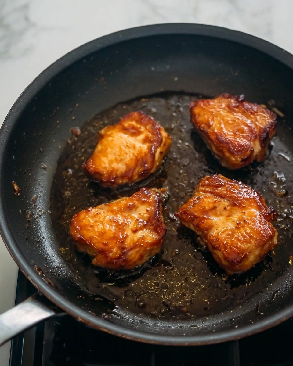 The image shows a black frying pan with three golden-brown pieces of cooked meat, each with a slightly shiny, glazed surface that catches light. The meat pieces are irregular in shape and placed apart from each other in the pan, which has small droplets of oil and cooked-on bits scattered around. The pan sits on a stove, with a white marbled surface visible in the background. The overall color palette features warm, rich browns and oranges from the cooked meat contrasting with the dark pan and light background. photo taken with an iphone --ar 4:5 --v 7