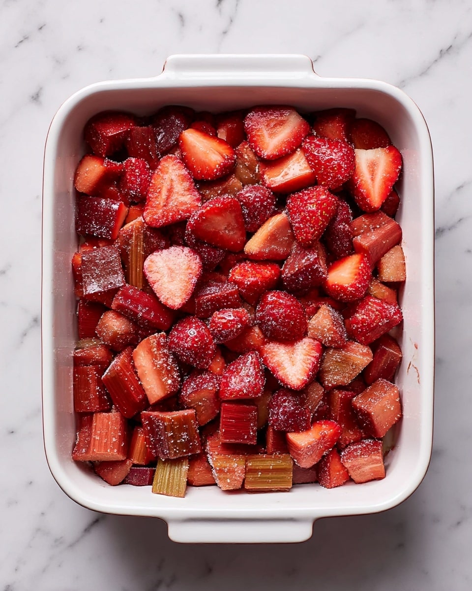 The image shows a white square baking dish filled with two layers of chopped fruit mixed with sugar. The bottom layer consists of small, thick pieces of reddish rhubarb with a smooth texture. The top layer is made of bright red strawberry halves and quarters, their surfaces shiny and slightly rough with visible seeds. The mixture is sprinkled with fine granulated sugar, giving the fruit a light sparkling coating. The baking dish sits on a white marbled surface. photo taken with an iphone --ar 4:5 --v 7