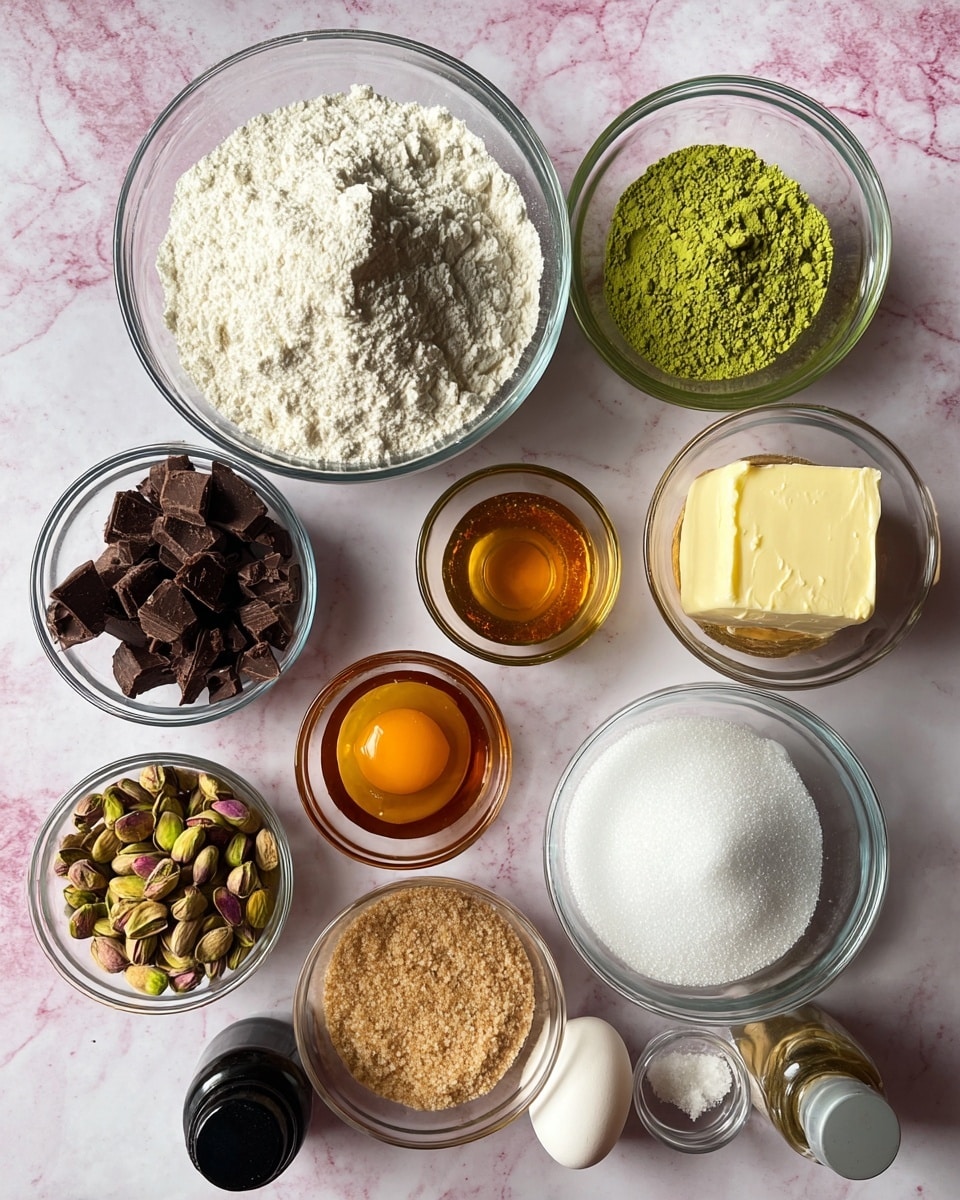 The image shows a top view of several clear glass bowls and containers arranged neatly on a white marbled surface. There are ten main items: a large bowl filled with white flour in the top center; next to it on the right, a smaller bowl holds a mix of green matcha powder, baking soda, and salt; below the flour, a bowl contains dark chopped chocolate pieces; in the center, a small round bowl holds an egg yolk; to the right, a chunk of pale yellow butter rests in a bowl; beneath these, a cup of whole pistachio nuts sits on the left; a bowl with amber-colored liquid, possibly syrup or oil, is in the center; below that, a bowl filled with light brown sugar is placed; to the right, a bowl contains white granulated sugar; an egg is also placed on the surface near the butter and syrup; lastly, two small bottles, one black and one clear, are set near the bottom left corner. The colors and textures are clear and bright, with all ingredients easy to see. photo taken with an iphone --ar 4:5 --v 7