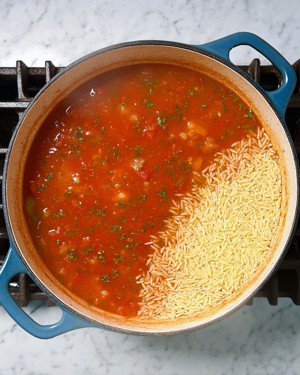 A top-down view of a round blue pot filled with red tomato soup mixed with green herbs and small bits of vegetables, with a large pile of uncooked light yellow orzo pasta resting on one side of the pot surface. The pot sits on a stove with black grates visible and is placed on a white marbled surface. Steam rises lightly from the hot soup, and the inside rim of the pot is white. photo taken with an iphone --ar 4:5 --v 7