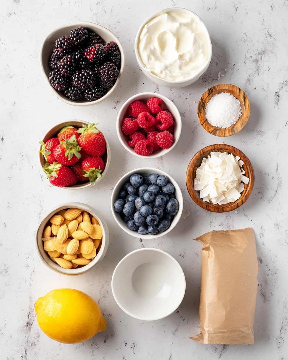 The image shows an arrangement of small white bowls and containers placed on a white marbled texture. There are five bowls with colorful fruits: blackberries (deep purple), raspberries (bright red), strawberries (red with green tops), blueberries (blue), and sliced almonds (light beige and brown). There is a bowl of white creamy yogurt with a smooth texture near the top right. Small wooden bowls hold fine white sugar and shredded coconut with a fluffy texture. A bowl contains small round golden yellow cookies. A wrapped brown paper package and a whole yellow lemon are also visible, along with an empty white bowl at the bottom. The layout is neat and evenly spaced. photo taken with an iphone --ar 4:5 --v 7