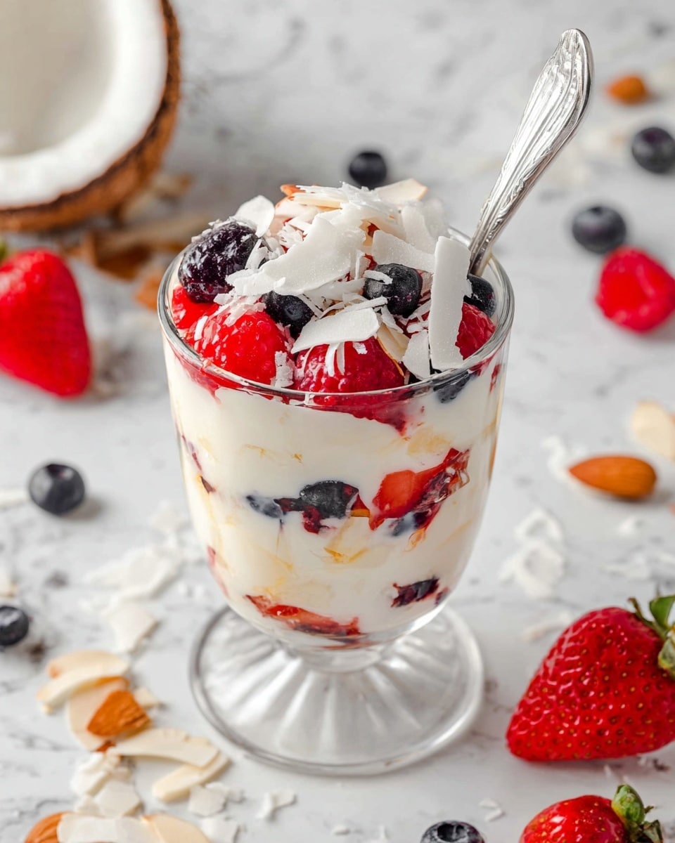 The image shows a clear glass filled with three main layers. The bottom layer is white creamy yogurt, followed by a middle layer of mixed red and blue berries like strawberries, blueberries, and raspberries, with some yogurt visible between them. The top layer has more mixed berries piled up, all covered with white shredded coconut. A silver spoon is placed inside the glass, and the glass sits on a white marbled surface with a halved coconut and scattered sliced almonds, berries, and a strawberry around it. Photo taken with an iphone --ar 4:5 --v 7