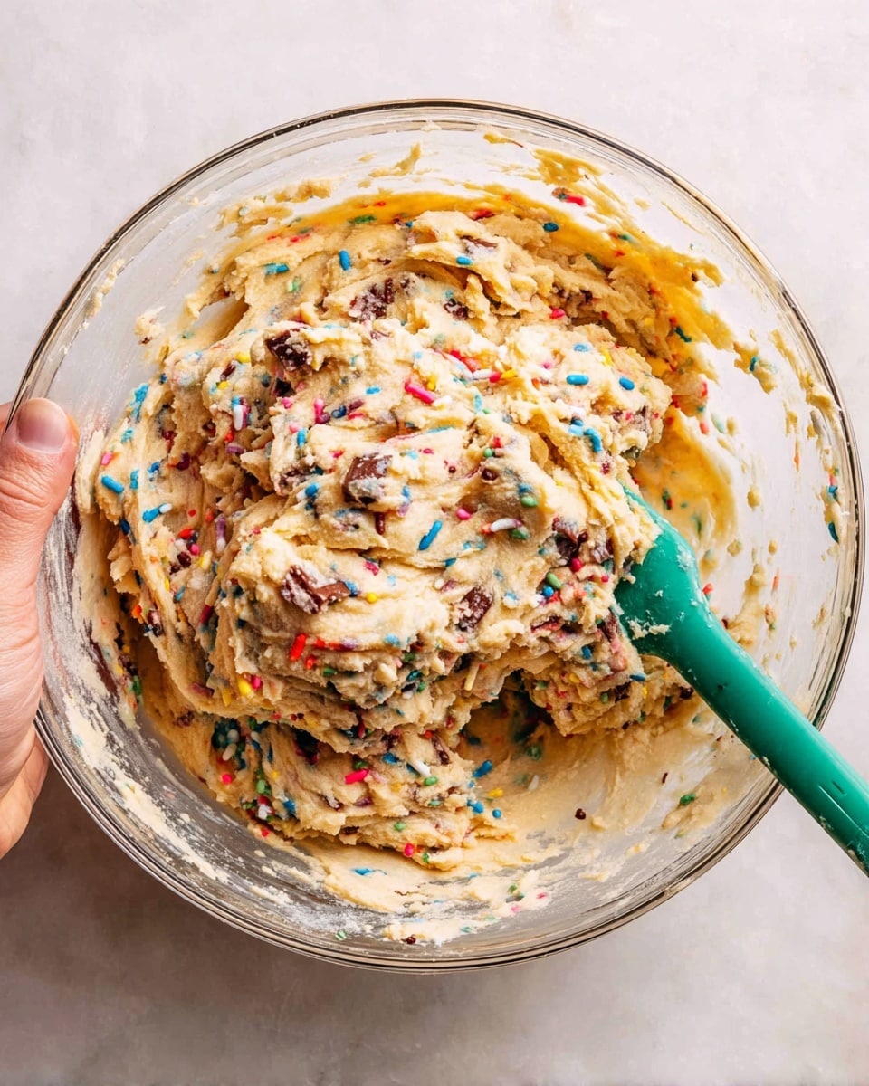 A clear glass bowl filled with thick, creamy cookie dough mixed with colorful rainbow sprinkles and chunks of chocolate, showing a soft, textured surface with some of the dough clinging to the sides of the bowl. A green spatula rests inside the bowl, partially covered with the dough, while a woman's hand holds the edge of the bowl from the left side. The bowl sits on a white marbled surface, giving a clean and bright look to the scene. photo taken with an iphone --ar 4:5 --v 7