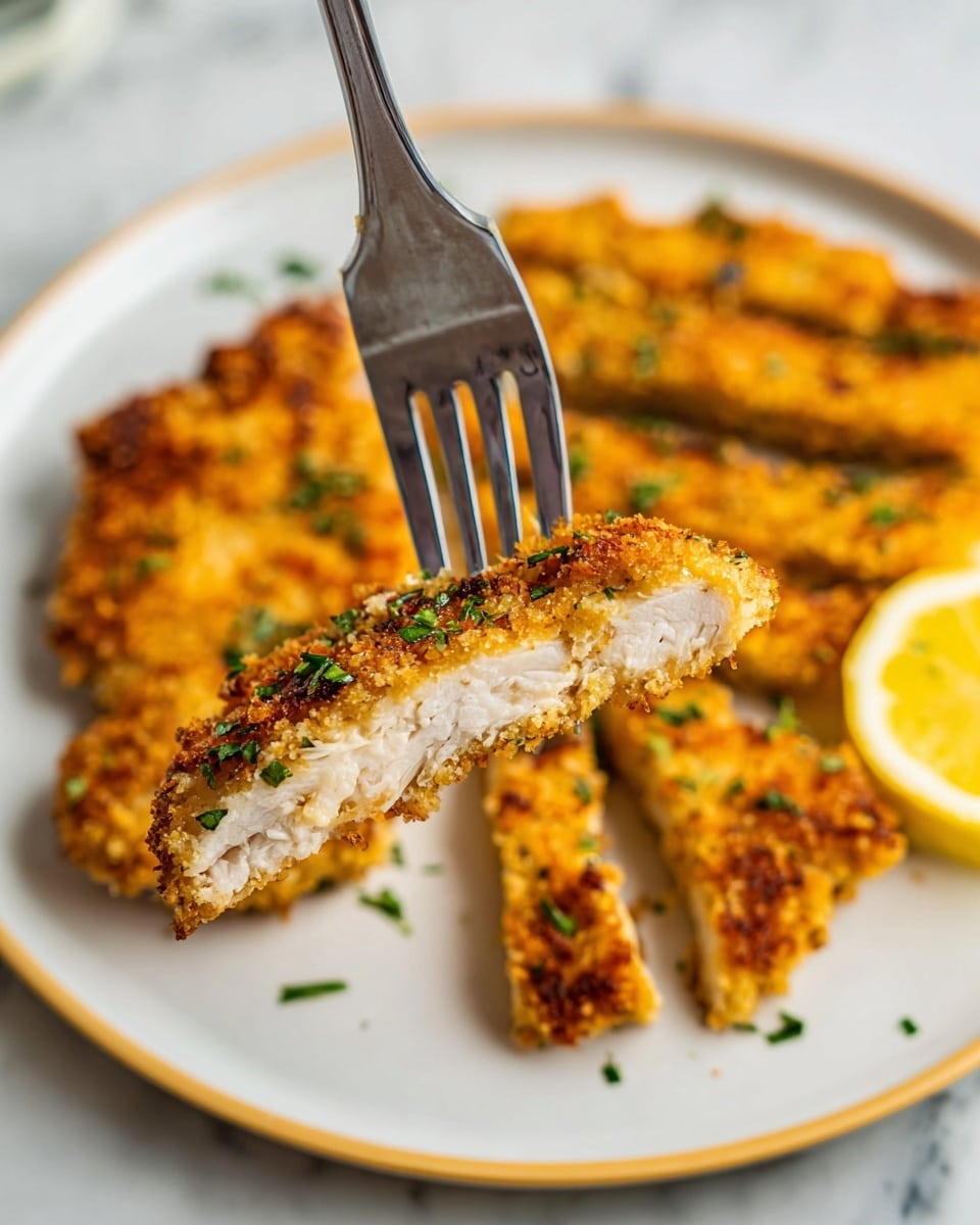 A close-up of a white plate on a white marbled surface with golden brown breaded chicken slices arranged loosely in the background. One piece is held in front by a silver fork; it shows a crispy, textured golden crust with a white cooked inside. Small sprinkles of green herbs are scattered over the chicken pieces. A slice of yellow lemon is visible on the plate’s right side. The photo taken with an iphone --ar 4:5 --v 7