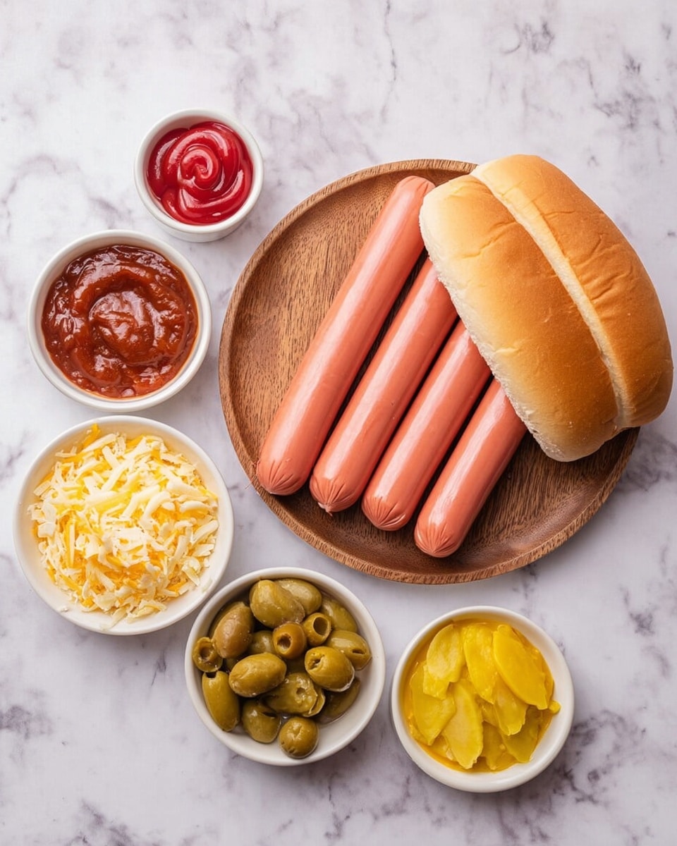 A wooden plate holds three smooth pink sausages stacked side by side next to a soft, light brown hot dog bun with a slit on top, placed on a white marbled surface. Surrounding the plate are five small white bowls: one with bright red ketchup, another with brown barbecue sauce, a third filled with finely shredded pale yellow cheese, a fourth containing sliced green olives with red pimentos inside, and a fifth holding thick yellow mustard. Each bowl shows the texture of its contents clearly. photo taken with an iphone --ar 4:5 --v 7