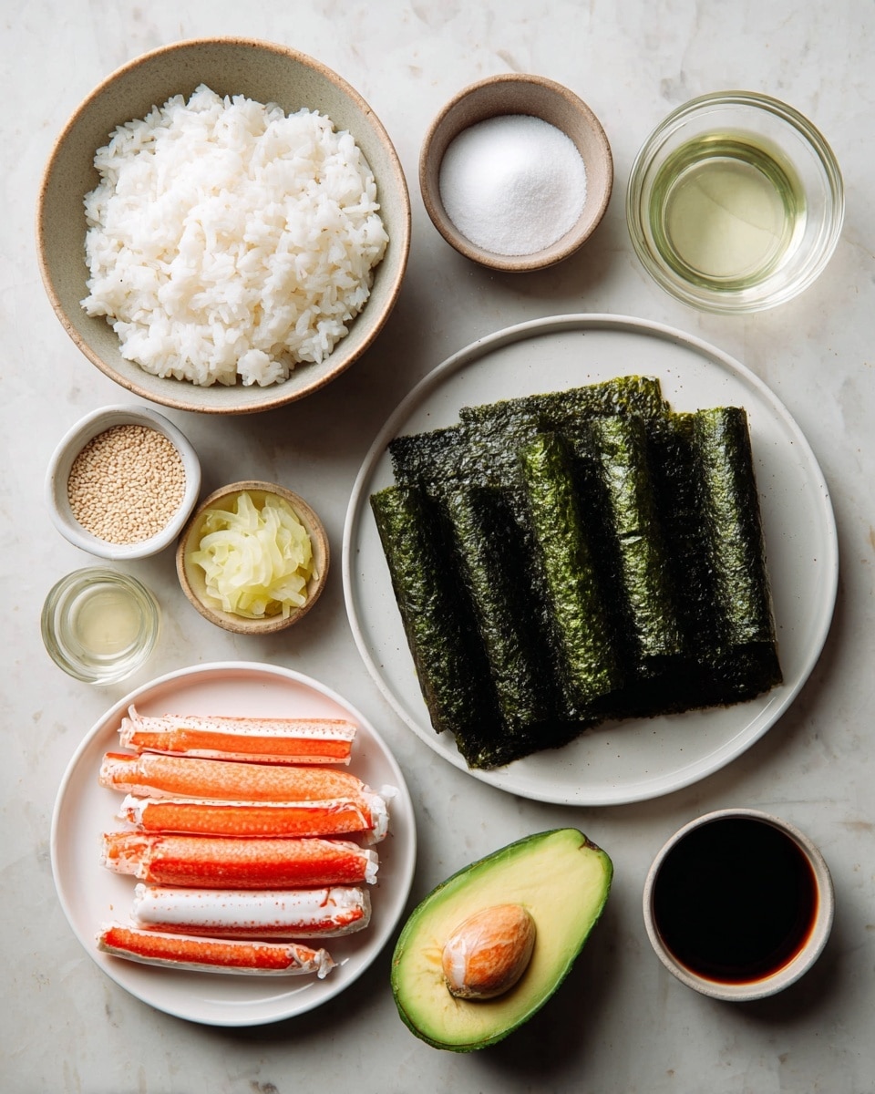 The image shows a top view of ingredients neatly arranged on a white marbled surface. There are eleven containers and items in total, each separated from the others. At the center top, there is a round bowl with white cooked rice, fluffy and soft. To the right of the rice, a white plate holds several rectangular, dark green sheets of seaweed stacked in a neat pile. Below the seaweed is a fresh cucumber whole and an avocado cut in half, showing its green flesh and brown pit. To the left of the avocado and cucumber is a smaller white plate containing ten crab sticks, bright orange and white in color, stacked loosely. Above the crab sticks are two tiny bowls, one with small white sesame seeds and the other with thinly sliced light yellow pickled ginger. Further left, there is a small bowl with white granulated sugar. Above it, a transparent small bowl contains clear liquid, while below it, a similar bowl is filled with light golden oil. In the bottom left corner, there is a dark bowl with black soy sauce. All ingredients are arranged cleanly with clear textures and colors. photo taken with an iphone --ar 4:5 --v 7