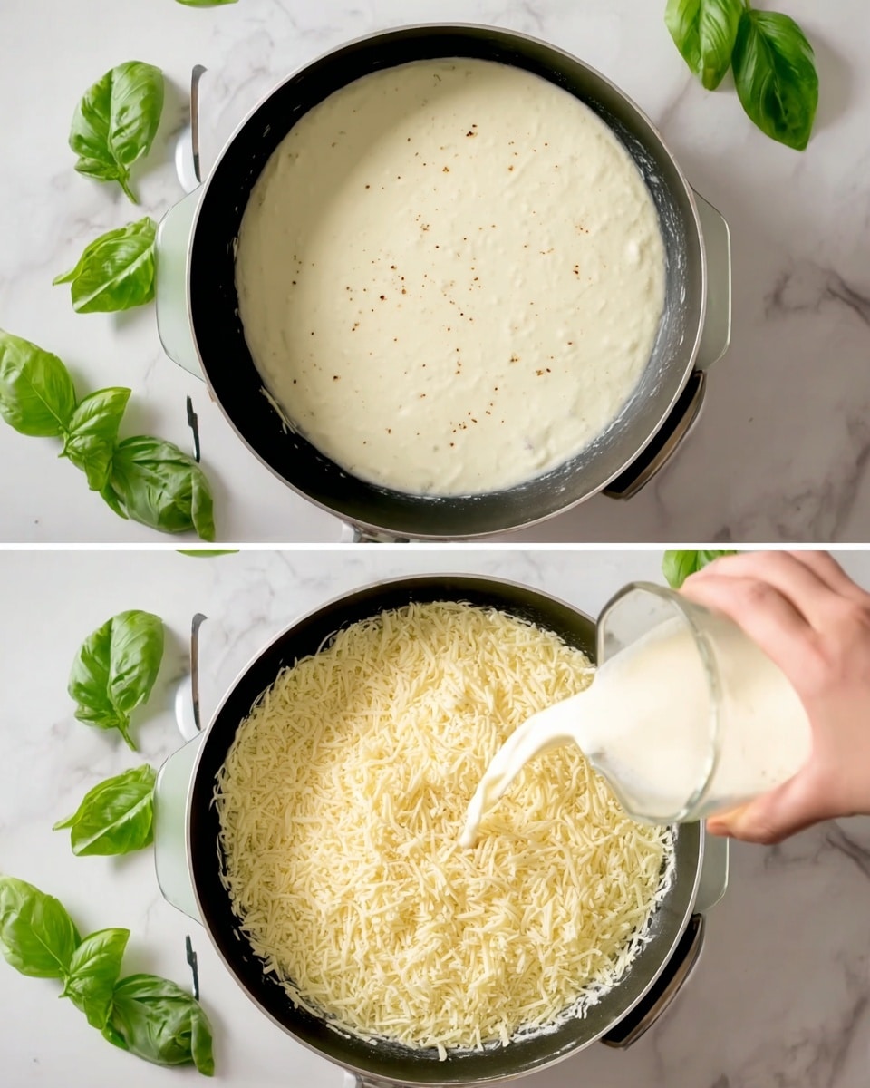 The first image shows a black pan on a white marbled surface with some green basil leaves around it. Inside the pan is a smooth, white sauce spread evenly in one layer, with a few small brown specks visible on the sauce's surface. In the second image, the same pan and sauce are shown, but now a woman's hand is pouring a bowl of shredded pale yellow cheese into the center of the white sauce layer, making a new layer of cheese in the middle. The cheese texture is fine and slightly rough compared to the smooth sauce. Photo taken with an iphone --ar 4:5 --v 7