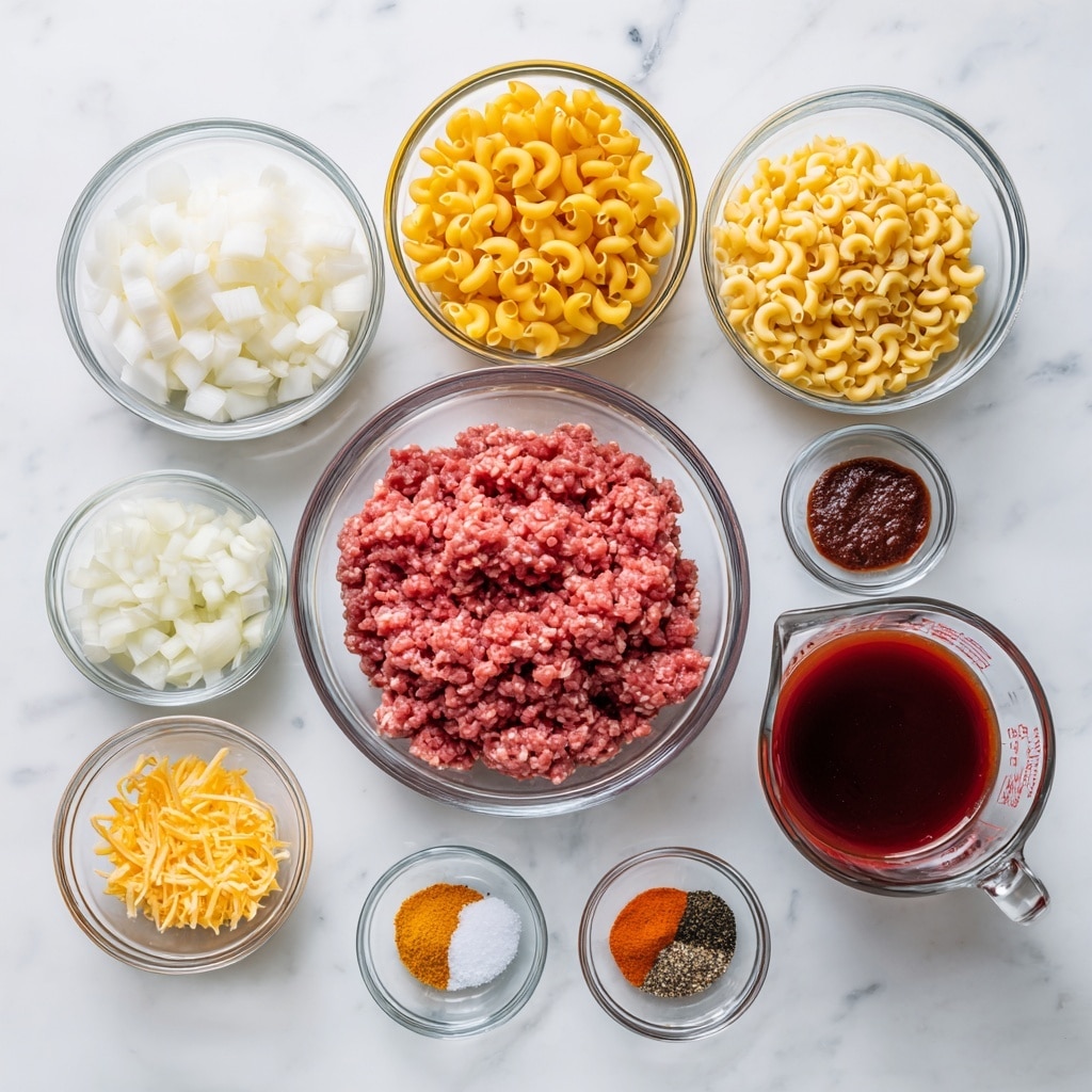 The image shows nine clear small and medium glass bowls arranged neatly on a white marbled surface. The largest bowl in the center holds raw ground meat with a chunky texture in a pinkish-red color. Surrounding it are smaller bowls: diced white onions, yellow macaroni pasta, shredded yellow cheese, a dark red thick paste, dark brown liquid broth in a transparent glass measuring cup, a smaller bowl with a bright red sauce, and three tiny bowls with different spices in white, orange, and black colors. Each bowl has a clear, smooth texture that contrasts with the contents inside, showing a variety of colors and shapes all set on a clean white marbled background photo taken with an iphone --ar 4:5 --v 7