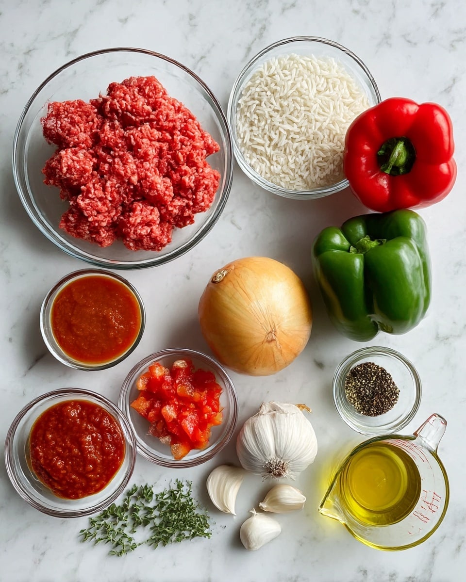 The image shows fresh ingredients arranged on a white marbled surface. There are three clear glass bowls holding different items: one with raw ground meat showing a textured, red surface, one with long white rice grains, and one with chopped red tomatoes in a juicy sauce. A small clear bowl holds a thick red paste. Another small bowl contains a mix of spices with colors like black, white, green, and red. Whole vegetables include two green bell peppers, one red bell pepper, a large round yellow onion, and three peeled garlic cloves. Fresh green herbs lay next to the onion. There is also a transparent measuring cup with a light brown liquid and a small clear bowl with yellow oil. Photo taken with an iphone --ar 4:5 --v 7