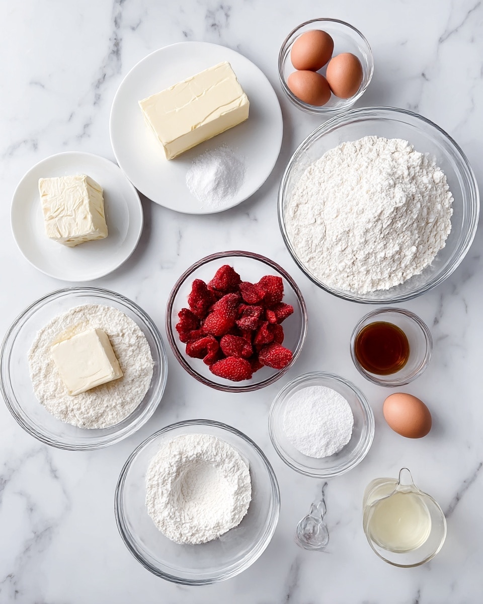 A white marble surface holds several clear glass bowls and white plates filled with ingredients: one plate with a block of cream cheese, another with a stick of butter, a small bowl of baking soda and powder, a large bowl of powdered sugar with a slight hollow in the center, a bowl of flour also with a small hollow on top, a bowl of dried red strawberries, and a bowl of granulated sugar. Three brown eggs, a small glass cup of vanilla extract, and a small measuring cup with a light liquid add more details to the arrangement. The scene is evenly lit and clean. Photo taken with an iphone --ar 4:5 --v 7