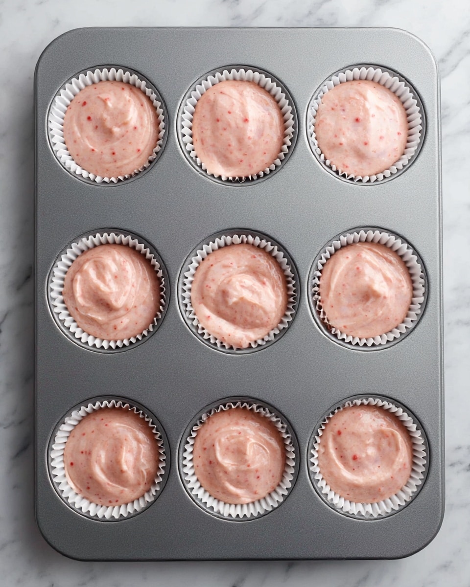 A grey metal muffin tray holds twelve white cupcake liners, each filled with light pink batter that has a smooth, creamy texture with small red specks scattered throughout. The batter fills about three quarters of each liner, showing some gentle swirls and peaks on the surface. The tray sits on a white marbled texture background, adding a clean and bright contrast to the setup. photo taken with an iphone --ar 4:5 --v 7