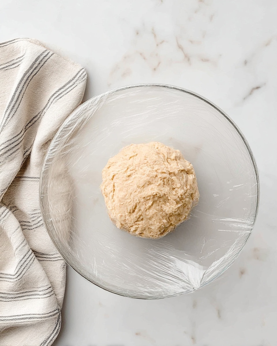 A clear glass bowl sits on a white marbled surface, covered partially with transparent plastic wrap. Inside the bowl, there is one round ball of light beige dough with a slightly rough texture and uneven surface. To the left of the bowl, there is a light-colored cloth with thin gray stripes, casually placed on the surface. The colors are soft and natural, with the clear and smooth glass contrasting with the matte and irregular dough. photo taken with an iphone --ar 4:5 --v 7
