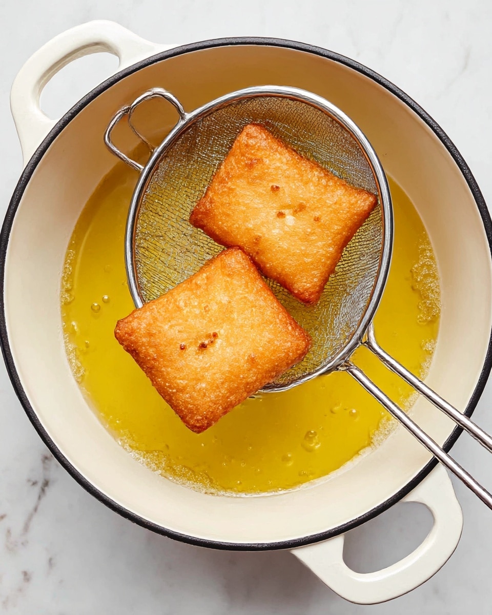 A medium closeup of two golden brown fried pastry squares, one resting in a white pot with bright yellow oil that has small bubbles, and the other held above the oil in a round silver wire skimmer with a long handle. The pot has thick white handles on each side and a black rim, sitting on a white marbled surface. The fried pastries have a crispy, smooth texture with small browned spots. photo taken with an iphone --ar 4:5 --v 7