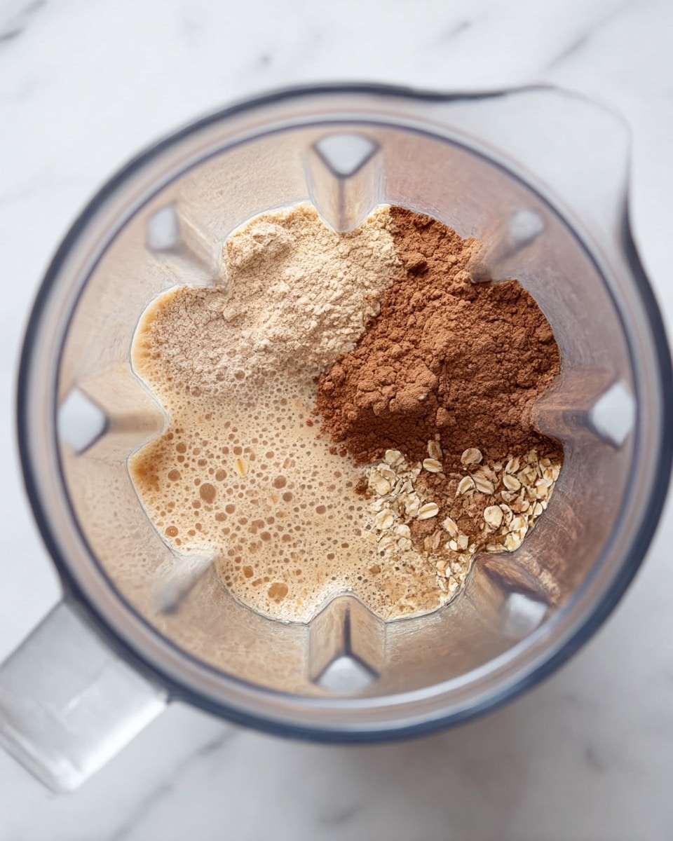 Inside a clear blender jar viewed from above, there are several dry ingredients and a liquid. The bottom layer is a light brown liquid with some foam, partially covering a mix of light beige powder on the left, medium brown powder on the top right, and darker brown powder mixed with oats on the bottom right. The jar is placed on a white marbled surface. Photo taken with an iphone --ar 4:5 --v 7