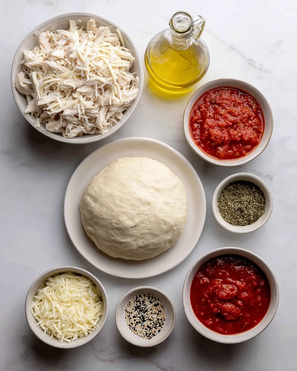 The image shows several bowls and a bottle arranged on a white marbled surface. At the center is a round ball of smooth, pale dough sitting on a white plate. To the left of the dough is a white bowl heaped with shredded white cheese and above it a bowl filled with shredded white cooked chicken. Above the dough is a clear glass bottle of golden yellow olive oil. To the right of the dough are four small bowls: at the top a bowl of chunky red tomato sauce, below it a smaller bowl of dried green herbs, then a bowl of white grated cheese, and at the bottom a bowl of thicker red sauce topped with black pepper. Next to the bottom bowl is another small bowl with black and white sesame seeds mixed. The bowls and bottle are neatly arranged, showing ingredients for a meal preparation, on a clean white marbled background photo taken with an iphone --ar 4:5 --v 7