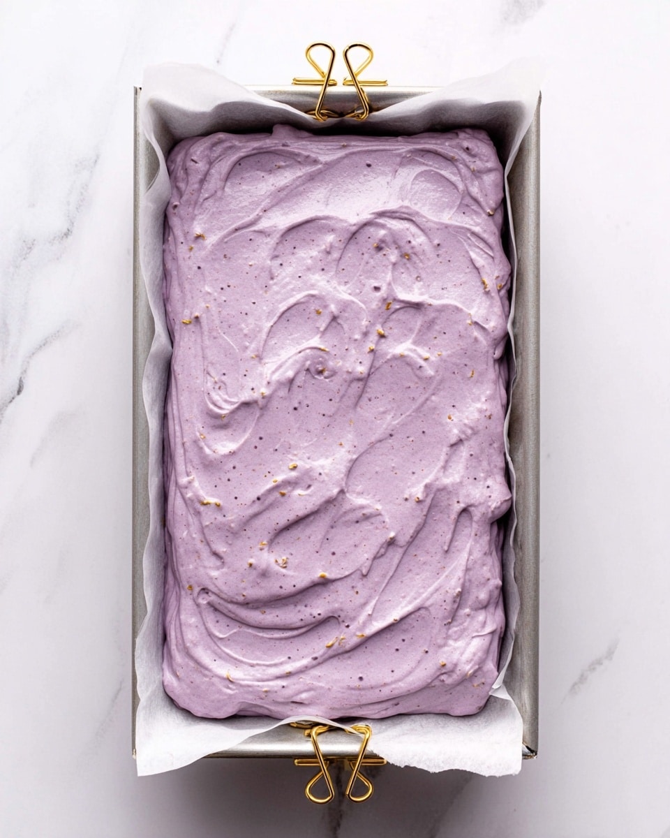 A rectangular baking pan lined with white parchment paper holds a thick layer of light purple batter that is spread unevenly, showing soft swirls and small air bubbles throughout. The batter’s texture looks smooth and creamy with some tiny bits visible inside. The pan is clipped with four small gold clips evenly spaced on each side. The surface under the pan is white with a subtle marbled pattern. photo taken with an iphone --ar 4:5 --v 7