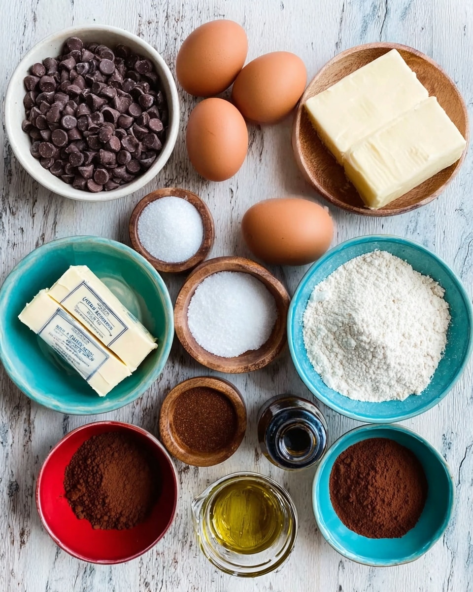 The image shows a wooden table with baking ingredients arranged neatly. There are three brown eggs near the center, a white bowl with chocolate chips on the left, and two sticks of butter wrapped in paper below them. In the top center, a small white bowl holds cocoa powder, next to a white bowl filled with sugar. A small round wooden bowl with salt is near the eggs. A turquoise bowl with flour sits in the middle, while a small red bowl contains baking soda near it. A small turquoise bowl with brown powder is near the bottom right. A glass cup with clear oil and a dark bottle of vanilla extract lie next to each other on the right. The whole scene is on a white marbled surface. Photo taken with an iphone --ar 4:5 --v 7