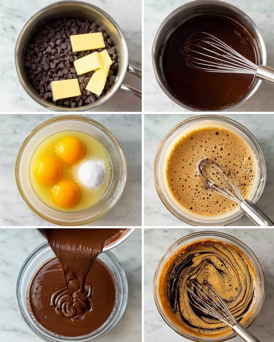 The image shows six steps of making a chocolate batter arranged in a 2x3 grid on a white marbled surface. In the top left, a silver pot contains dark brown chocolate chips with two light yellow sticks of butter. Top right shows the same pot with the chocolate and butter melted into a dark smooth liquid, a metal whisk resting inside. Middle left features a clear glass bowl with four yellow egg yolks, white sugar, vanilla, and cocoa powder side by side before mixing. Middle right depicts the mixture in the glass bowl fully combined into a light brown frothy liquid with bubbles, a whisk inside. Bottom left shows the chocolate mixture being poured from the pot into the frothy egg mix in the bowl, partly overlapping with the whisk. Bottom right presents the batter mixed into a shiny, thick dark and light brown swirl pattern in the bowl with the whisk. Photo taken with an iphone --ar 4:5 --v 7