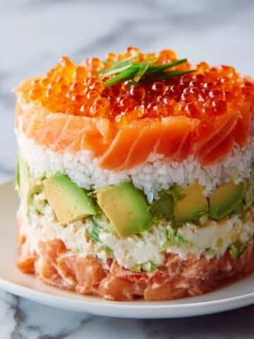 Layered Sushi Cake with Salmon, Crab, and Avocado Recipe