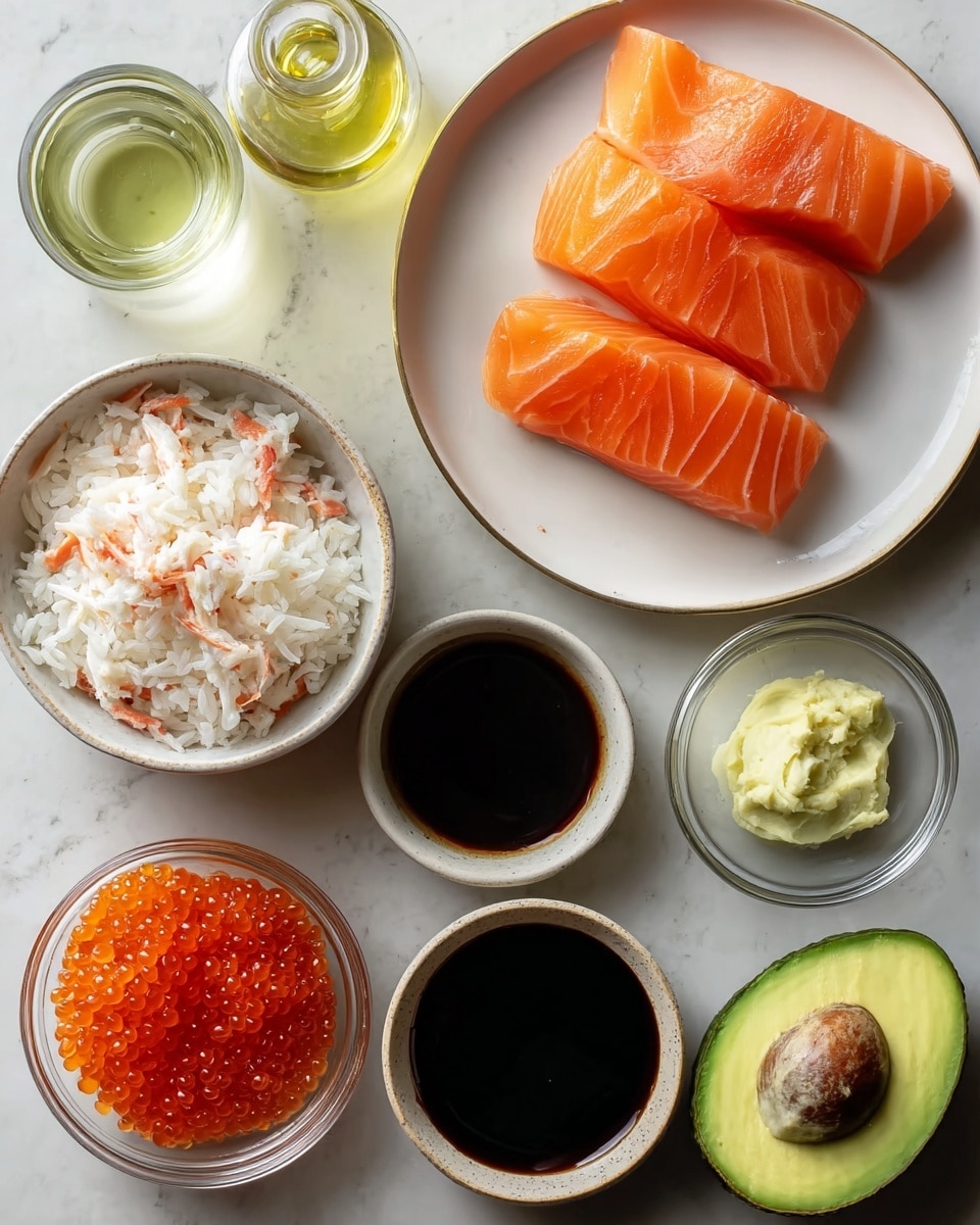 Several small white bowls are placed on a white marbled surface, each filled with different sushi ingredients. On the top right, a white plate holds four thick, orange slices of raw salmon with smooth texture and visible white lines. Next to it is a clear glass bottle with light yellow oil. To the left, a bowl is filled with white rice showing fluffy grains. Below the salmon plate, a bowl contains white and orange shredded crab meat. Next to it on the right is a very small bowl with a dark soy sauce. Below the soy sauce bowl, there is a small bowl with light yellow creamy wasabi paste. At the bottom left, a small clear bowl contains bright orange fish eggs. Next to it is a white bowl filled with dark, thick soy sauce. On the bottom right, a halved avocado is shown with smooth, light green flesh and one half containing the brown seed, the other showing an empty seed cavity. The lighting is soft and natural. photo taken with an iphone --ar 4:5 --v 7