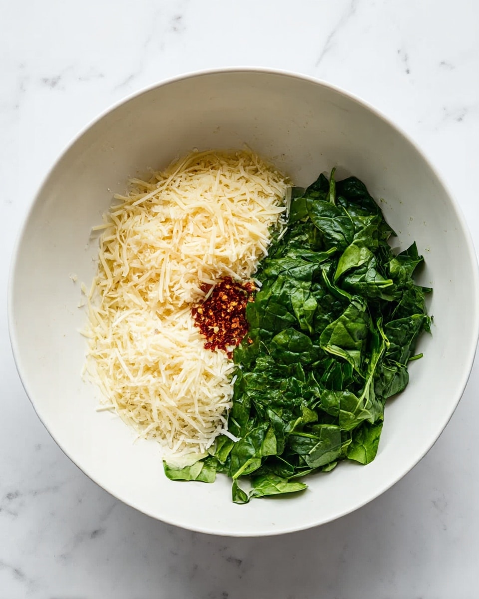 A white bowl sits on a white marbled surface holding four separate piles of ingredients. One large pile of bright green chopped spinach fills about half the bowl on the right side. To the left, a smaller pile of light yellow grated cheese is next to a slightly paler grated cheese pile. At the center of the cheese piles, there is a small sprinkle of red chili flakes. The textures range from leafy and soft to finely shredded and powdery. photo taken with an iphone --ar 4:5 --v 7