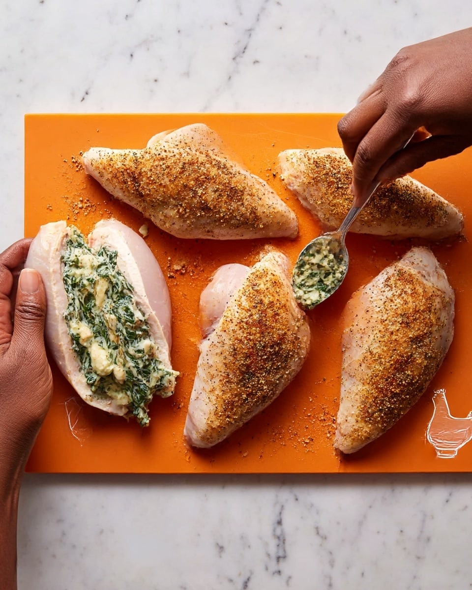 The image shows four raw chicken pieces laid out on an orange cutting board with a small white chicken drawing in the corner. Each chicken piece is covered with brown spices. The first chicken piece on the left is being opened by a woman's hand to reveal a creamy green and white spinach and cheese mixture inside, while the other woman's hand uses a spoon to fill it. The background is a white marbled surface. Photo taken with an iphone --ar 4:5 --v 7