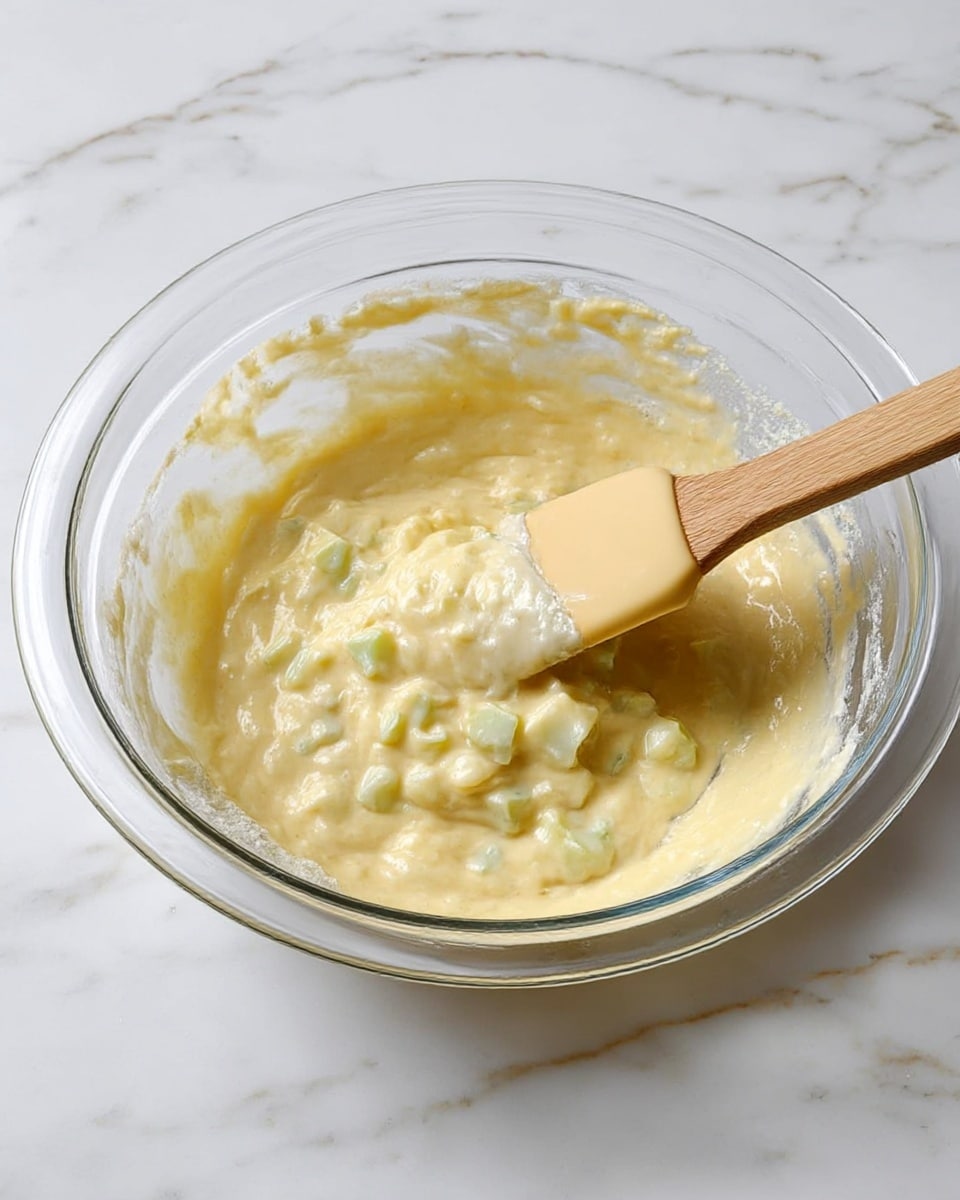 A clear glass bowl sits on a white marbled surface, filled with a light yellow batter that has small chunks of a pale green ingredient mixed inside. A wooden spatula with a light brown silicone head is partially dipped into the batter, resting on the side of the bowl. The batter looks smooth and thick with a slightly glossy texture, and there is some flour residue visible on the inside edges of the bowl. Photo taken with an iphone --ar 4:5 --v 7