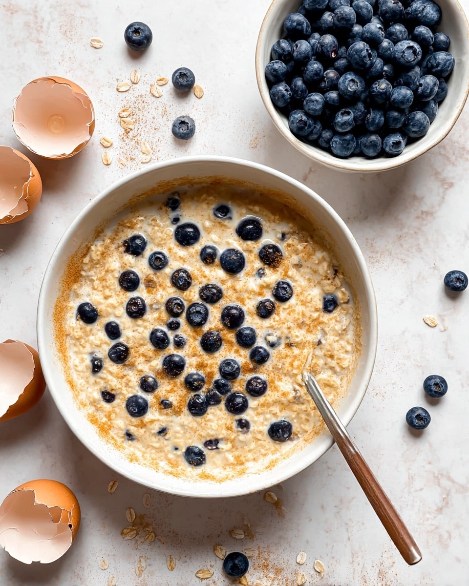 A white bowl filled with a thick mix of oats and milk, dotted with fresh dark blue blueberries throughout, and lightly sprinkled with cinnamon giving an orange tint around the edges; a wooden spoon with a brown handle rests inside the bowl on the right. Above the bowl to the right is a smaller white bowl full of more bright blueberries. Around the bowls, scattered blueberries and oats lie on a white marbled surface, alongside two cracked brown eggshells to the bottom left. photo taken with an iphone --ar 4:5 --v 7