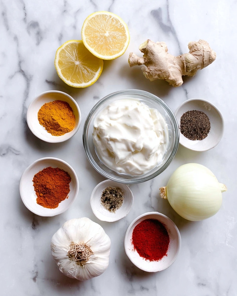 The image shows a white marbled surface with eight ingredients arranged neatly. In the center bottom, there is a clear glass bowl filled with thick white yogurt. Around it are small white bowls containing different spices: bright orange turmeric in the bottom left, black pepper and white salt mixed in the middle left, dark brown ground spice in the middle right, bright red paprika or chili powder in the top right and bottom right. There are fresh ingredients too: two lemon halves on the top left, a piece of ginger root above the yogurt, a whole bulb of garlic with three peeled cloves near the center, and half a white onion on the right. The setup is clean and well spaced, showing each ingredient clearly. Photo taken with an iphone --ar 4:5 --v 7