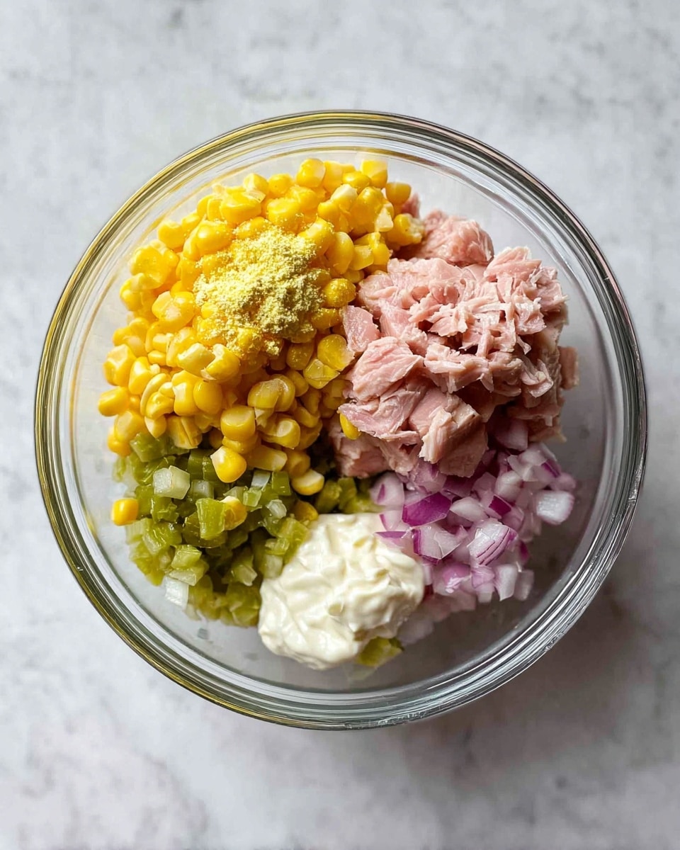 In a clear glass bowl on a white marbled surface, there are five separate ingredients arranged in sections: bright yellow corn kernels topped with a sprinkling of light yellow powder in the top left, chunks of light pink tuna in the top right, finely chopped green pickles below the tuna, small pieces of red and white onion in the bottom right, and a dollop of creamy white mayonnaise in the bottom left. The ingredients are clearly visible and not mixed. photo taken with an iphone --ar 4:5 --v 7